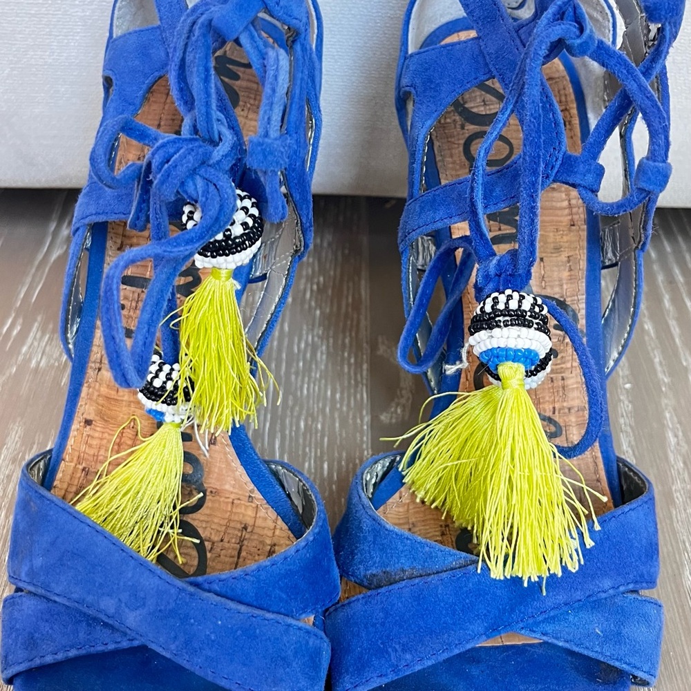 Sam Edelman Blue Suede Lace-Up Sandals with Yellow Tassel Accent